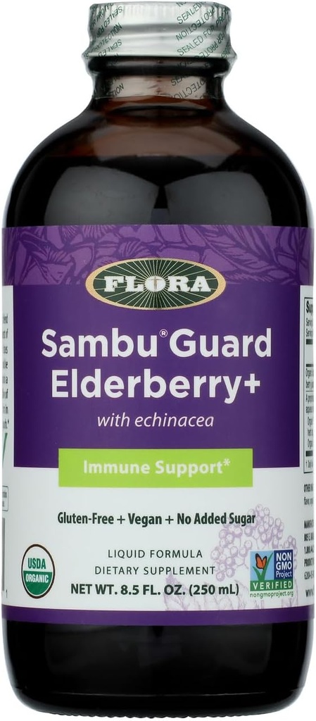 Flora Organic Black Elderberry Syrup + 8.5oz - Immunbooster med Echinacea, for børn og voksne, Ingen tilsat sukker, Gluten Free, Vegan, SambuGuard