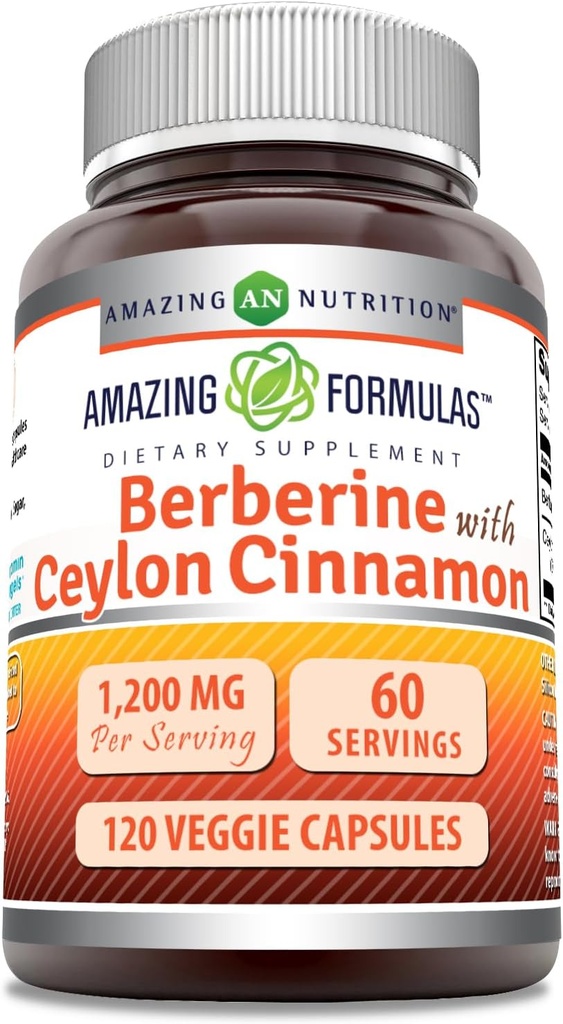 Amazing Formulas Berberine with Pure Ceylon Cinnamon 1200 Mg Per Serving | Premium Complex Supplement | Veggie Capsules | Non-GMO | Gluten Free | Made in USA (1 Pack | 120 Count)
