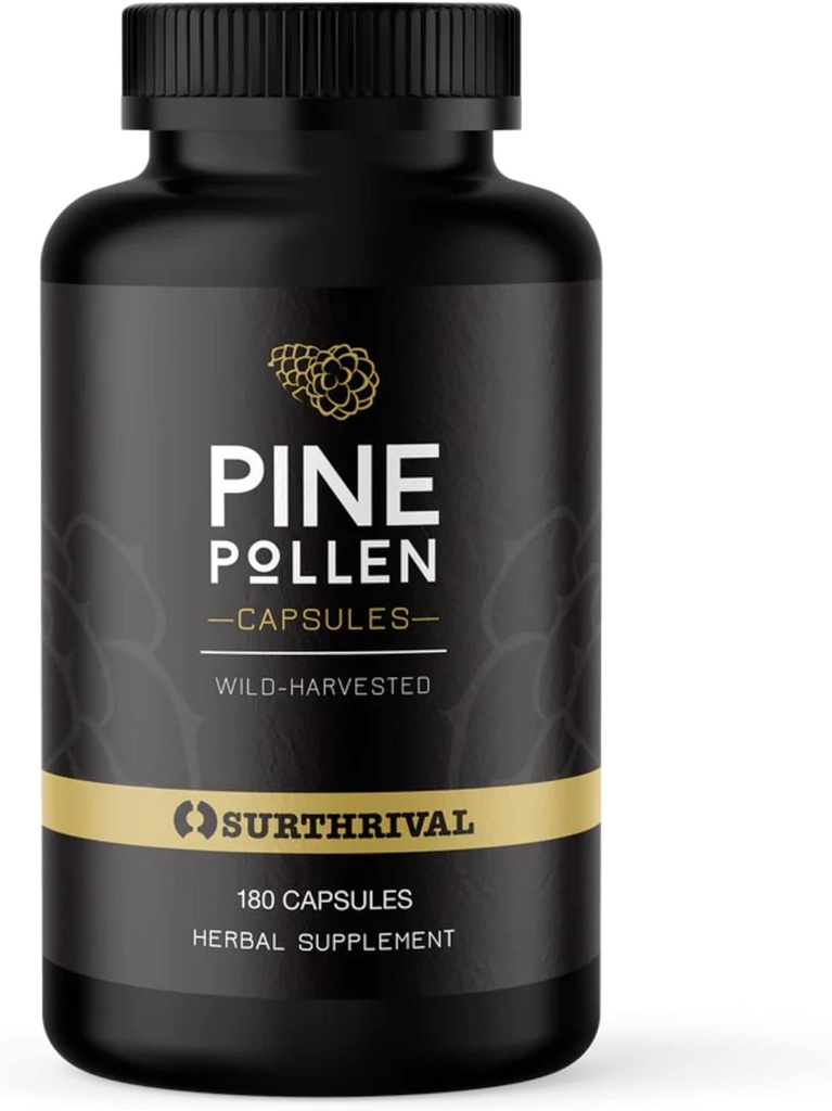 Surthrival: Pine Pollen Powder Capsules (180 Count), Wild Harvested, Energy & Endurance Restoration