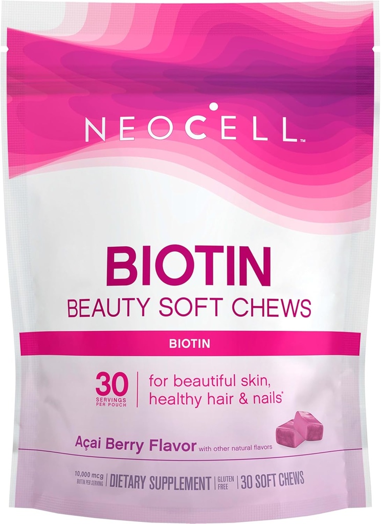 NeoCell Biotin Beauty Soft Chews, For sund hud, hår, negle, energistøtte supplement, Acai Berry Flavor, Soft Chews, 30 Greve, 1 Bag