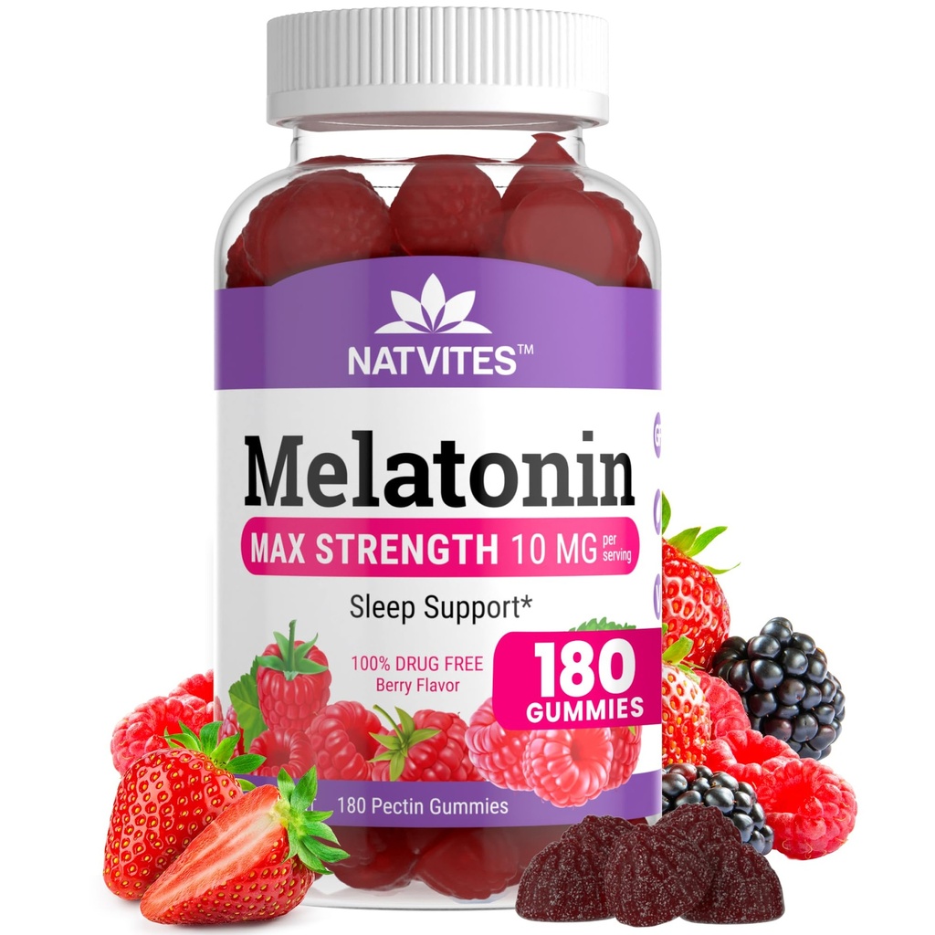 Melatonin Gummies Max Strength 10mg Pectin Gummies, Hjælper med sovende støtte, Berry Flavor Gummy, 100% narkotika fri, 180 greve (pakke med 1)