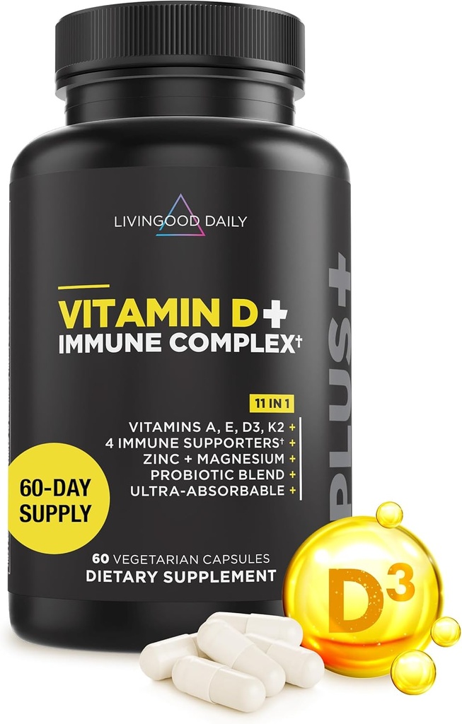 Livingood Daily D-vitamin + immunkompleks, fremstillet med D3 K2-vitamin, zink, magnesium, vitaminer E & A og probiotika, immuntilskud, avanceret absorption, gluten fri, ikke-GMO, 60 kapsler