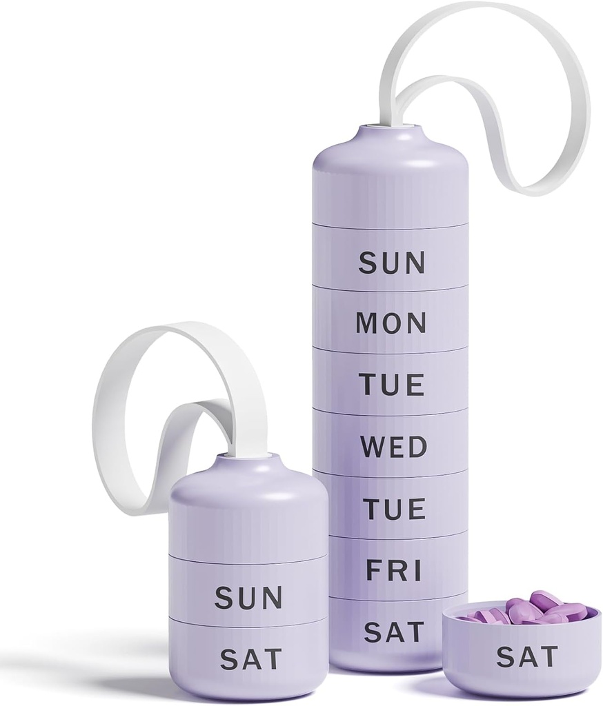 Betife Cute Pill Organizer, Cute Weekly Pill Box for Travel, Cute Daily Pill Case 7 Dag, med 7 store stablede kompartmenter, Sturdy ABS Pill Holder for Vitamin Supplement Medicine Purple