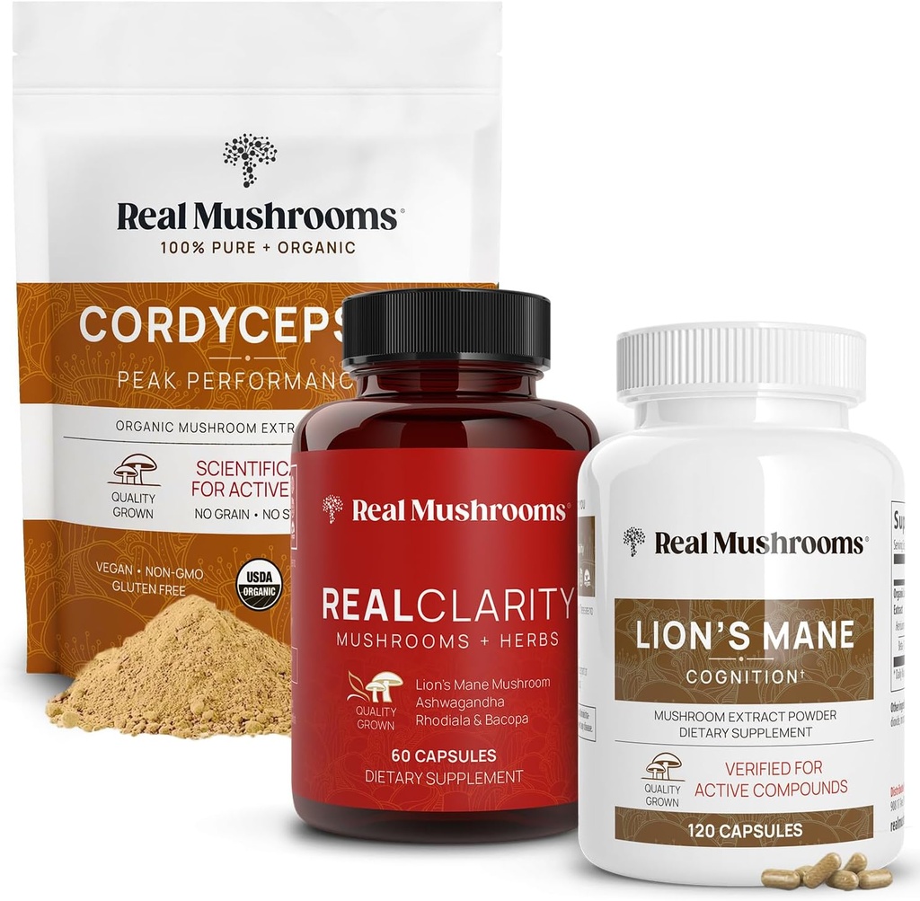 Real Mushrooms RealClarity (60ct) & Lions Mane (120ct) Capsules w / Cordyceps Powder Bundle - Mushroom Supplement for Mental Clarity, Focus, Cognition, Energy & Vitality - Vegan, Non- GMO