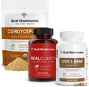 Real Mushrooms RealClarity (60ct) & Lions Mane (120ct) Capsules w / Cordyceps Powder Bundle - Mushroom Supplement for Mental Clarity, Focus, Cognition, Energy & Vitality - Vegan, Non- GMO