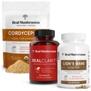 Real Mushrooms RealClarity (60ct) & Lions Mane (120ct) Capsules w / Cordyceps Powder Bundle - Mushroom Supplement for Mental Clarity, Focus, Cognition, Energy & Vitality - Vegan, Non- GMO