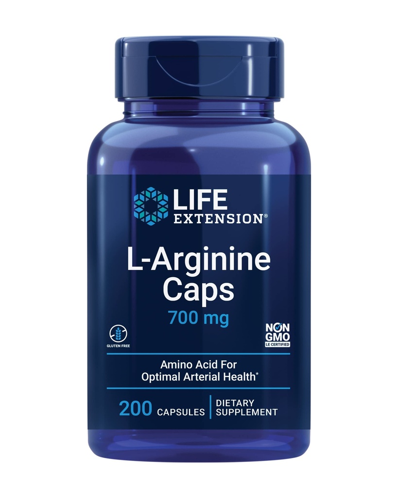 Life Extension L- arginin Caps, 700 mg, C-vitamin og aminosyre til optimal arteriel sundhed, understøtter hjerte & immunforsvar, sunde væv & knogler, gluten fri, ikke-GMO, 200 kapsler