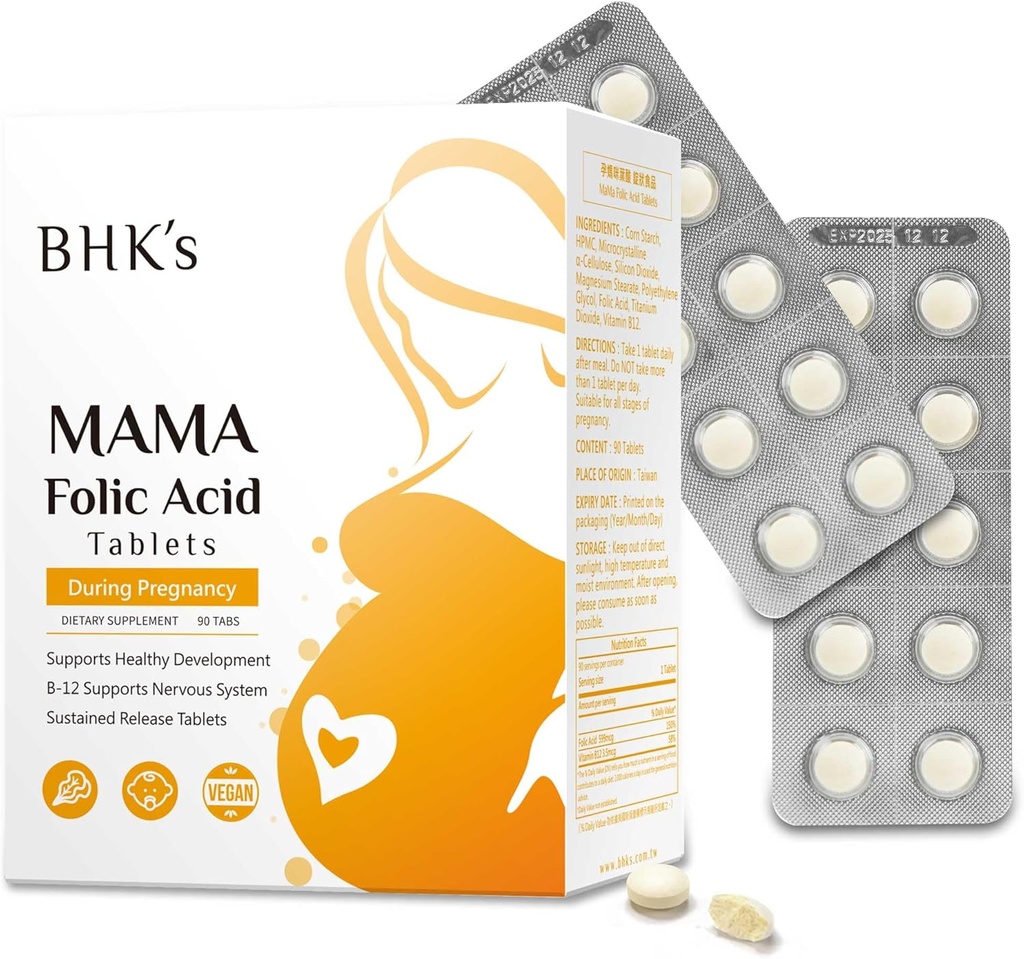 BHK 's folinsyre, Før under graviditeten, Support Baby Nervesystemet udvikling, Væsentlige vitaminer til mor og baby, 90 tabletter