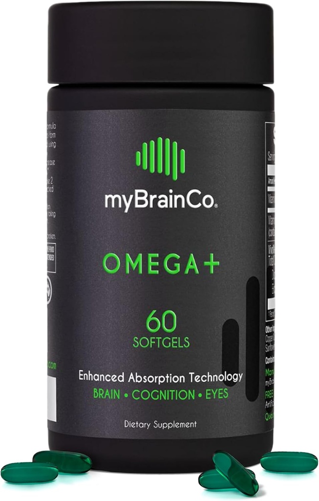 myBrainCo - OMEGA + - EPA DHA Omega 3 tillæg med tocotrienoler E-vitamin - understøtter hjerne sundhed, kognitiv funktion, mood balance, øje sundhed & immunitet - hjerne sundhed supplement (60 Softgel)
