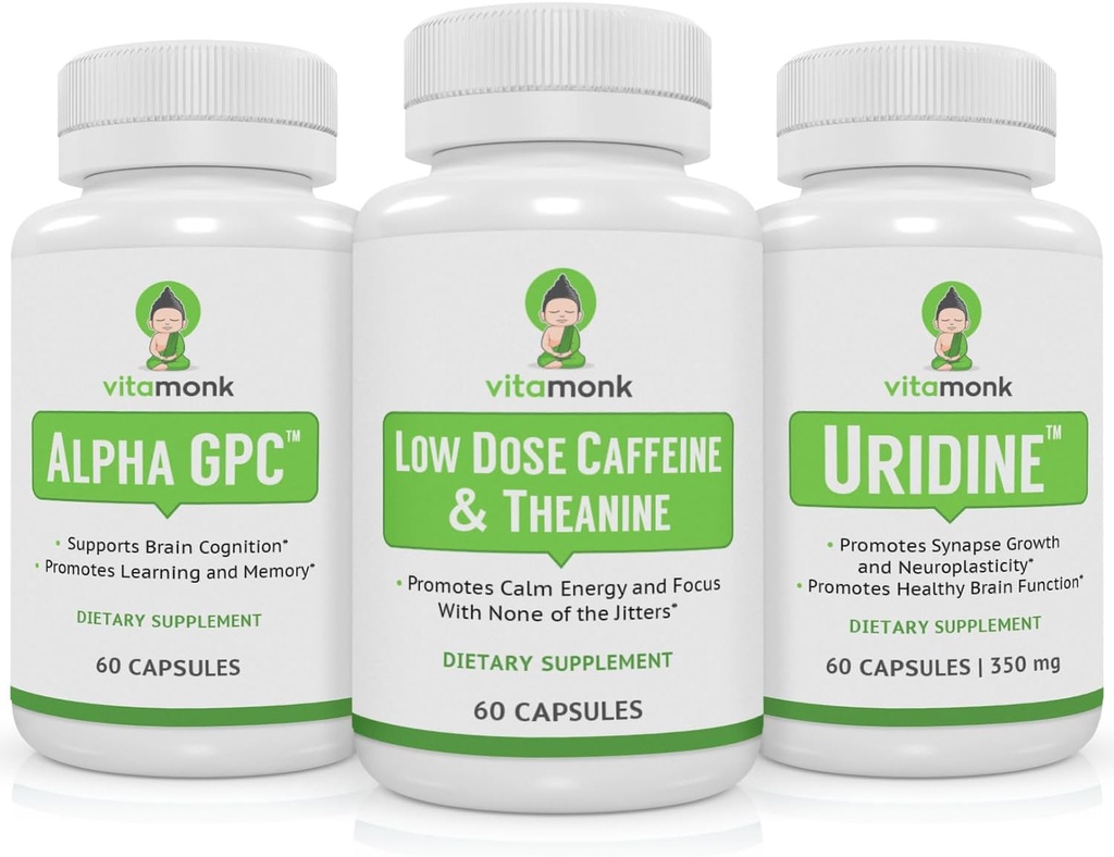 VitaMonk Brain Boost Bundle - Alpha GPC, Uridin, og lav dosis koffein + L- Theanine Duo