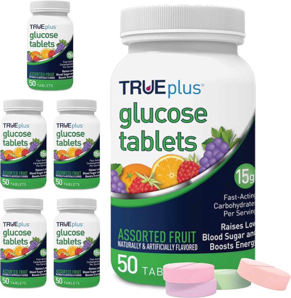 TRUEplus ® Glucose Tablets, Assorted Flavor (Grape, Hindbær, Orange) - 50ct Flaske - 6 Pack