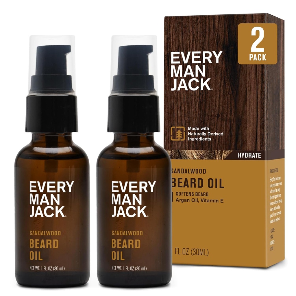 Hver mand Jack Sandalwood Beard Oil - Fugt & Softe dit skæg - Relieve Itch og Flakes - Lavet w / naturligt afledte ingredienser som E-vitamin, Argan Oil, og Borage Oil - 1 oz - 2 Pack