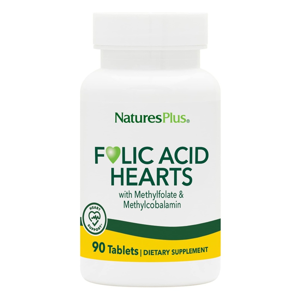 NaturPlus Folinsyre Hjerter (Methylfolat) - 400 mcg, 90 Vegetariske tabletter - med vitamin B6 & vitamin B12 (som Methylcobalamin) - Gluten- Free - 90 Servering