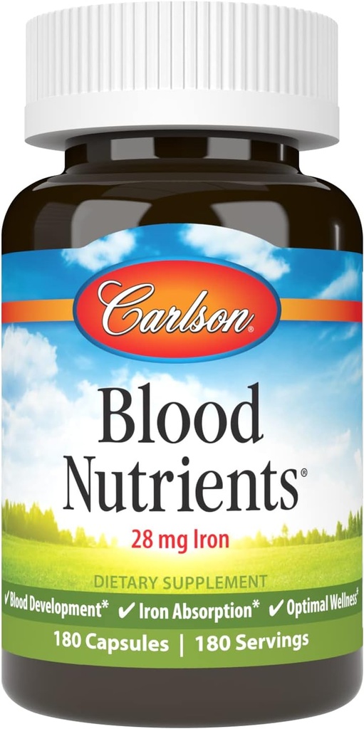 Carlson - Blood Nutrients, 28 mg Jern, Blood Development, Iron Absorption & Optimal Wellness, 180 Kapsler
