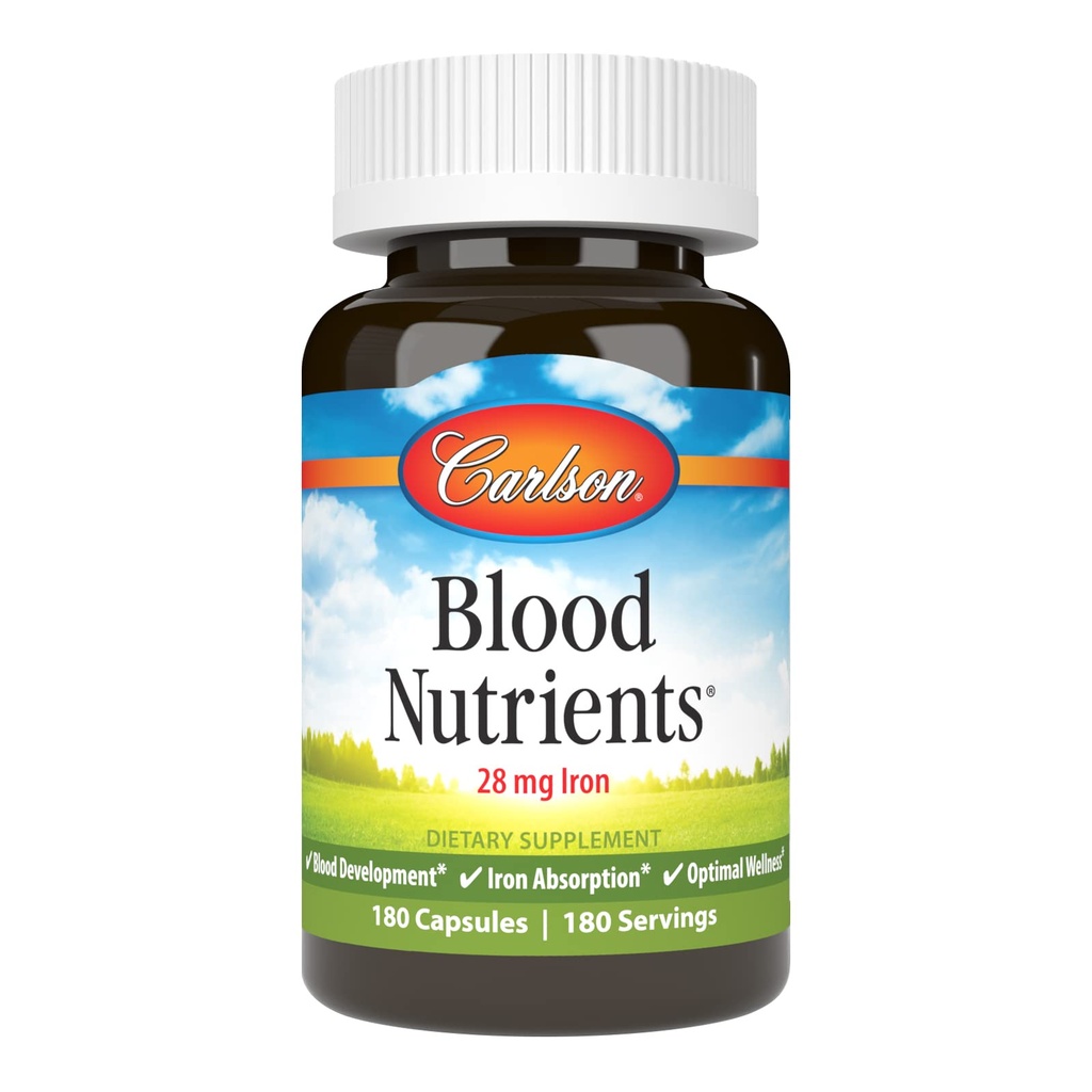 Carlson - Blood Nutrients, 28 mg Jern, Blood Development, Iron Absorption & Optimal Wellness, 180 Kapsler