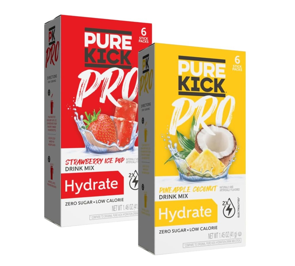 PURE KICK PRO Hydration Electrolyte Drink Mix, Ananas Kokos & Jordbær Is Pop, 12 Pakninger