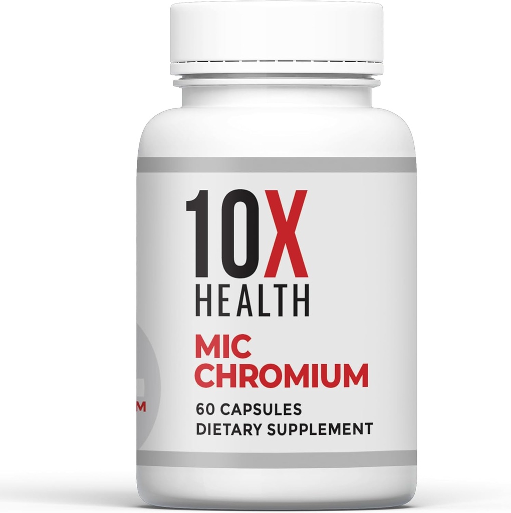 10X Sundhed MIC Chrom Kosttilskud - 60 kapsler - Indeholder Cholin Inositol & L Methionin - Mineral Kosttilskud til daglig ernæring - Chrom, L- methionin, Cholin Kosttilskud
