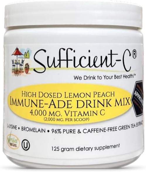 Sufficient- C Høj dosis Non- GMO Vitamin C Citron Peach Immunie- Ade drik mix, Praktisk 125 Gram størrelse w / L-lysin, Bromelain & en Premium 96% Pure Green Tea Extract - Mave Friendly, Adrenal Supportive