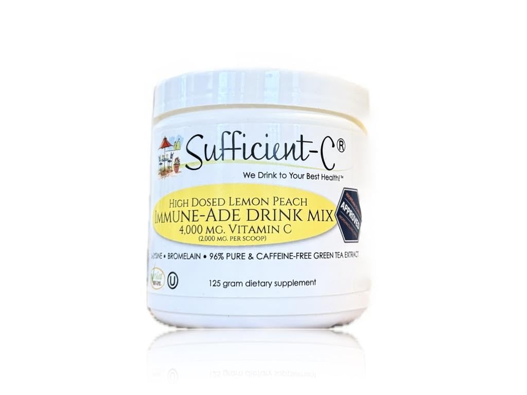 Sufficient- C Høj dosis Non- GMO Vitamin C Citron Peach Immunie- Ade drik mix, Praktisk 125 Gram størrelse w / L-lysin, Bromelain & en Premium 96% Pure Green Tea Extract - Mave Friendly, Adrenal Supportive