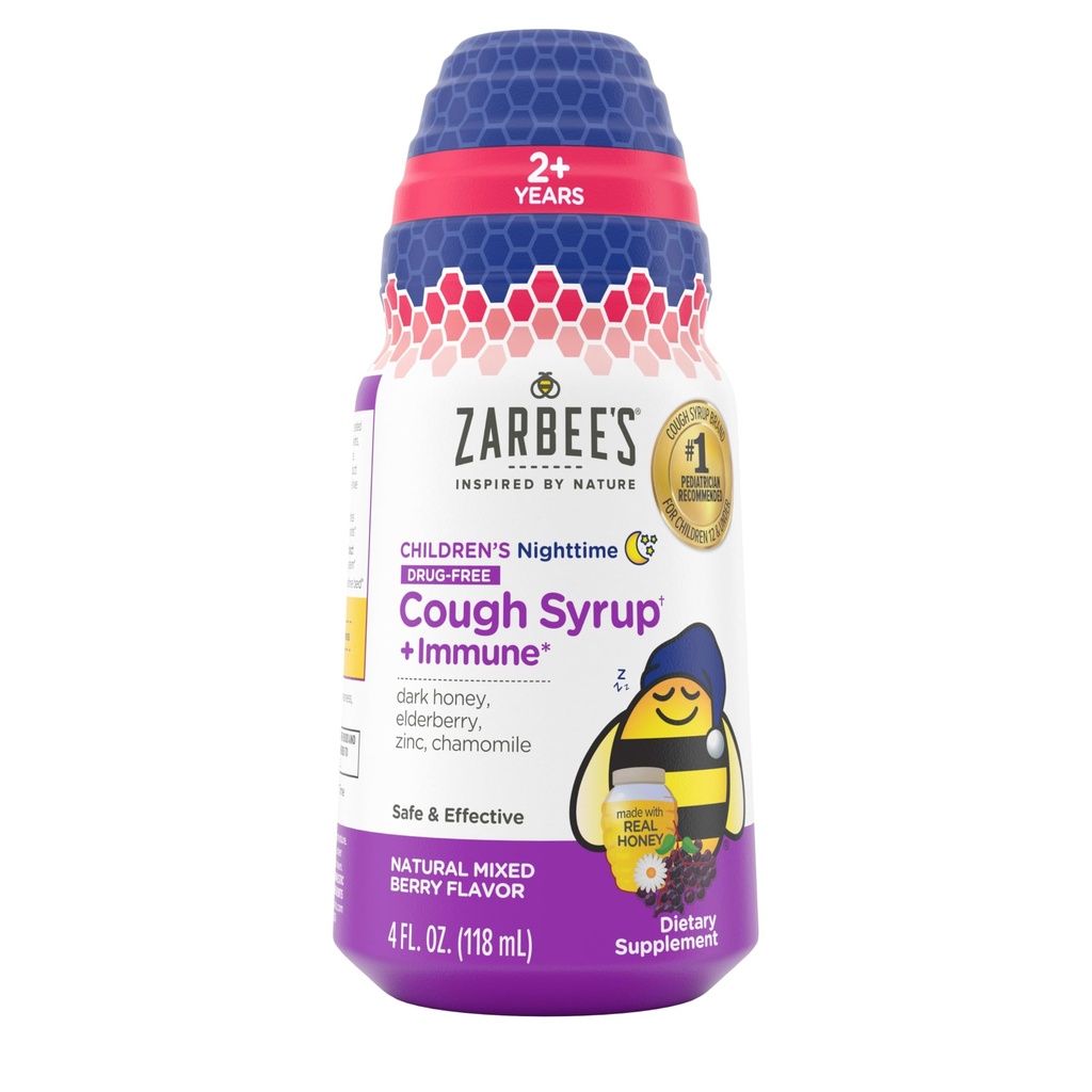Zarbee 's Children' s Nighttime Honey Hough Syrup + Immun for Kids 2 +, Hough Syrup med Soothing Dark Honey, Real Elderberry, Vitamin D & Zink, & Kamille, Drug- Free, Mixed Berry, 4 fl. oz