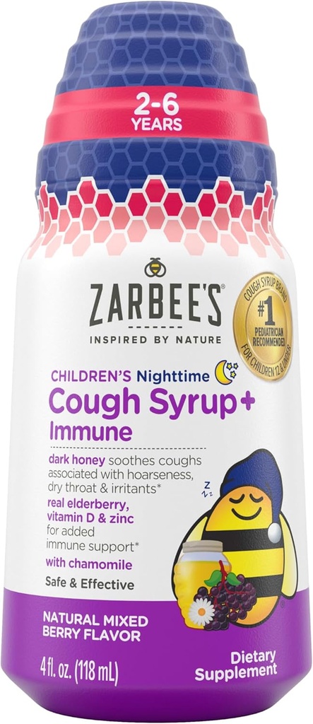 Zarbee 's Children' s Nighttime Honey Hough Syrup + Immun for Kids 2 +, Hough Syrup med Soothing Dark Honey, Real Elderberry, Vitamin D & Zink, & Kamille, Drug- Free, Mixed Berry, 4 fl. oz