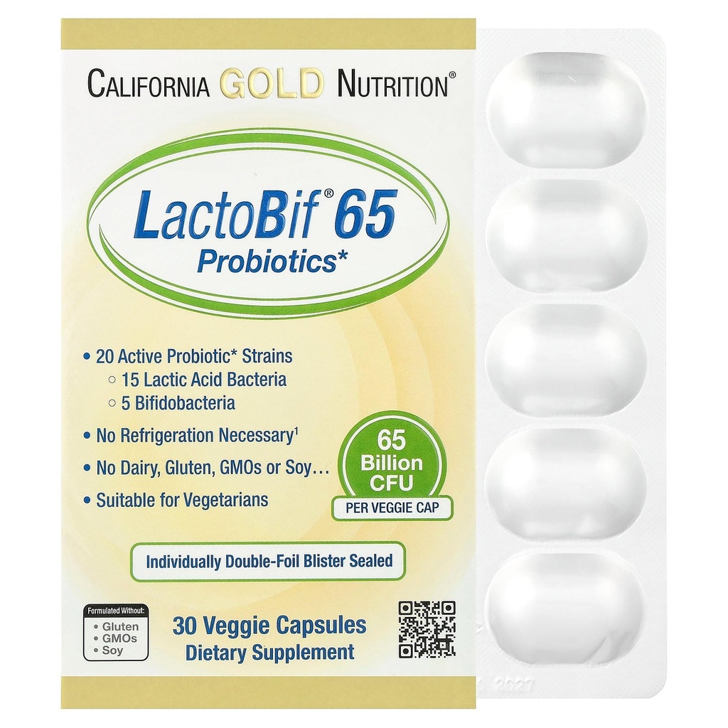 LactoBif Probiotika, 65 Bllion CFU, 20 Active & Clinically Researched Probiotic Strains, Soy- Free, Sugar- Free, Vegetar, Individuelt Double- folie Blister Sealed, 30 Veggie Kapsler