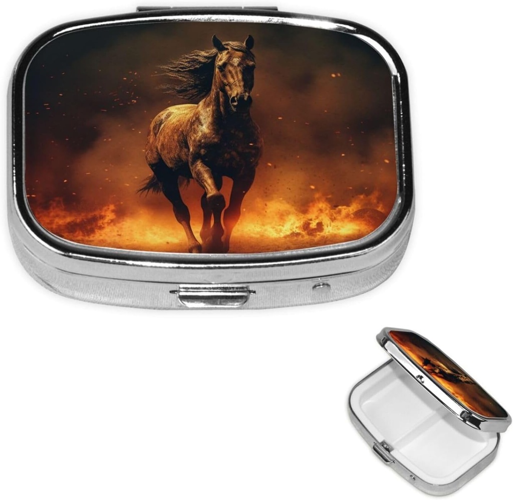 Pill Box Flame Horse Square Pill Case for Purse & Pocket 2 Compartment Medicine Pill Organizer Portable Travel Pillbox Medicine Vitamin Cod Liver Oil Storage Box