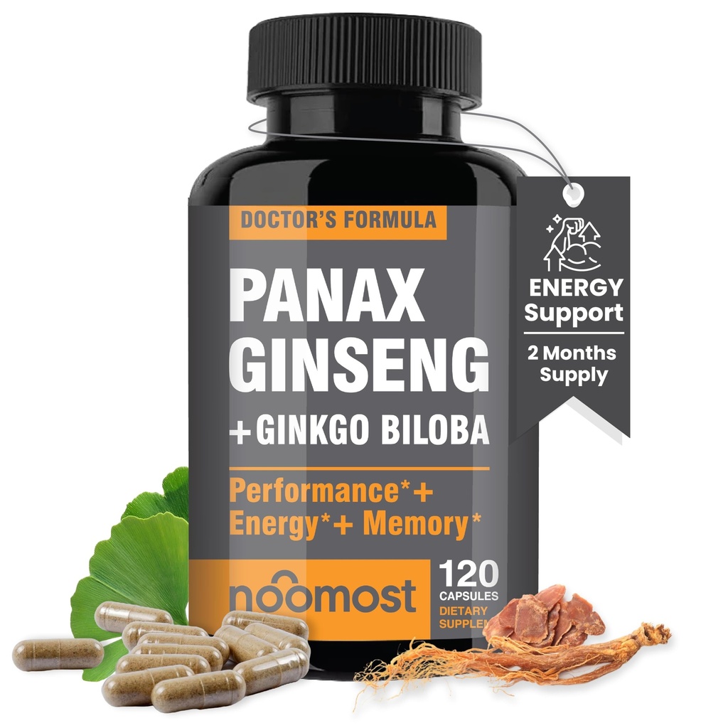 NooMost Autentisk Koreansk Rød Panax Ginseng + Ginkgo Biloba, 120 Vegankapsler, Ginseng Root Extract Powder 1000mg (10% Ginsenosides) + Gingko Biloba 60mg, Energi og Focus Pills til mænd og kvinder