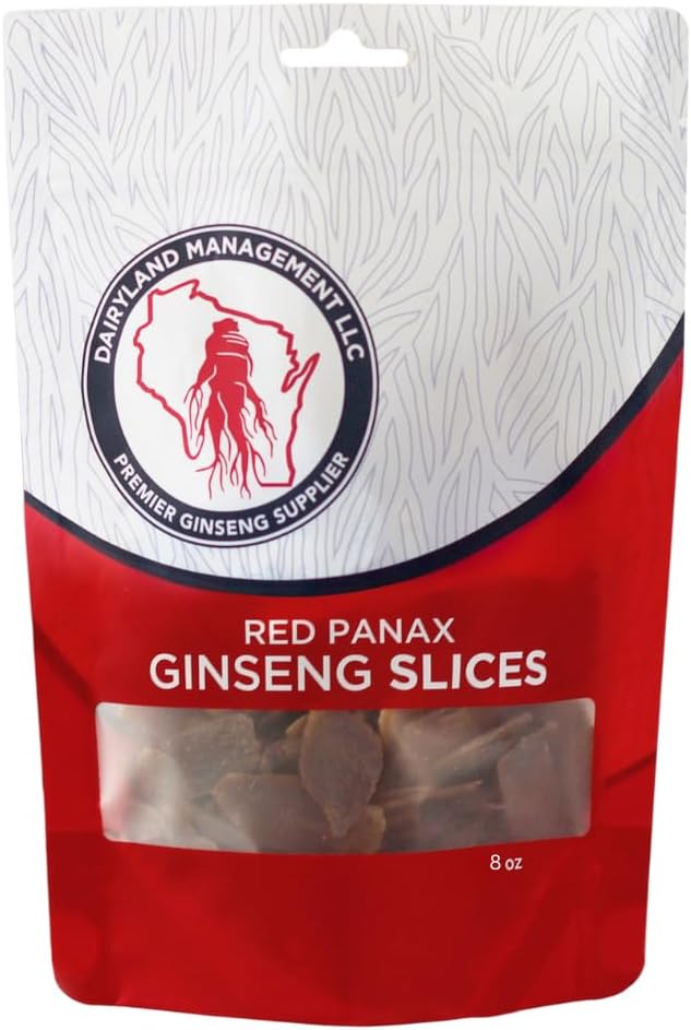 Dairyland Management LLC Red Panax Ginseng Slices - 8 oz Pack Koreansk Panax Ginseng Slices - Non-GMO, Gluten Free Red Ginseng Root - Brug denne herbal supplement i suppe, te, Congee