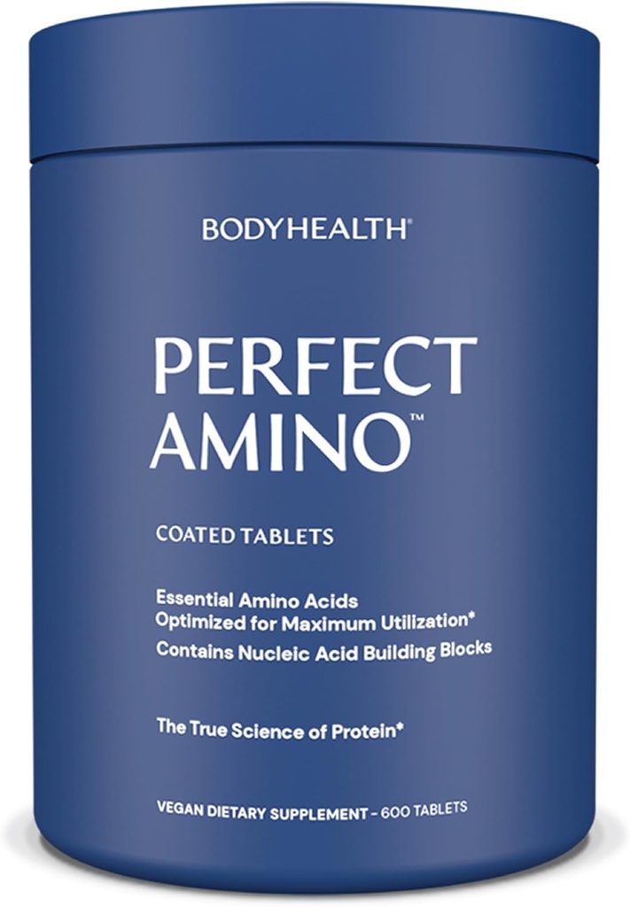 BodyHealth PerfectAmino (600 ct) Easy to Swallow Tablets, Essential Amino Acids Supplement with BCAAs, Vegan Protein for Pre/Post Workout & Muscle Recovery with Lysine, Tryptophan, Leucine, Methionine