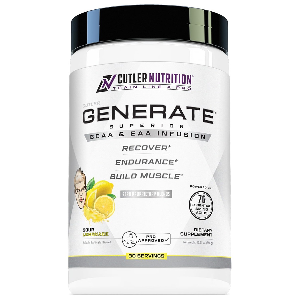 Cutler Nutrition Generate EAA og BCAA pulver: Bedste forgrenede kæde Aminosyrer supplement med essentielle aminosyrer, 5g BCAA, 2g EAA for Lean Muscle Mass Shape 124; Sour Lemonade, 30 Serveringer