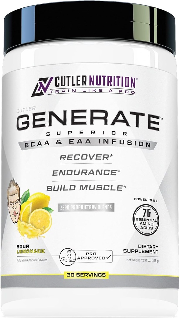 Cutler Nutrition Generate EAA og BCAA pulver: Bedste forgrenede kæde Aminosyrer supplement med essentielle aminosyrer, 5g BCAA, 2g EAA for Lean Muscle Mass Shape 124; Sour Lemonade, 30 Serveringer