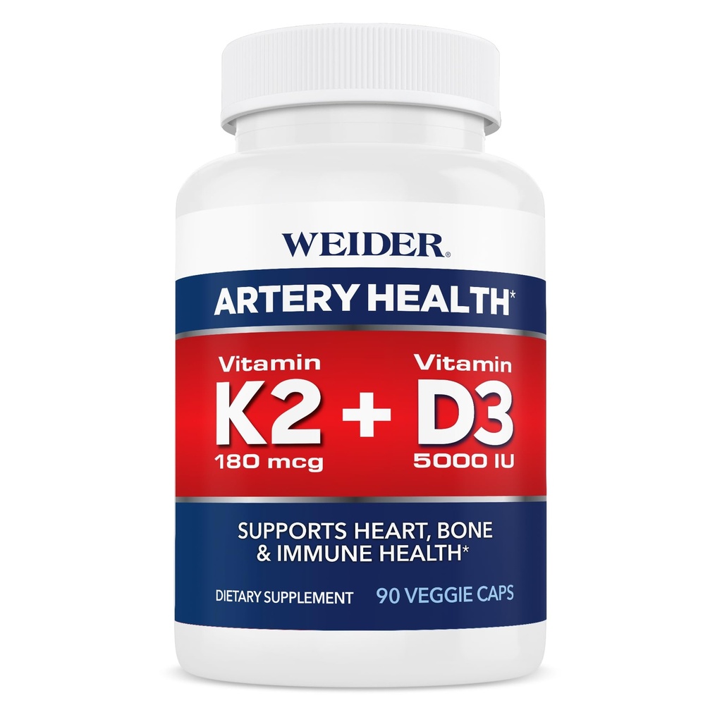 Weider Artery Health Supplement, Vitamin K2 (180mcg) & Vitamin D3 (5000iu), 90 Veggie Kapsler