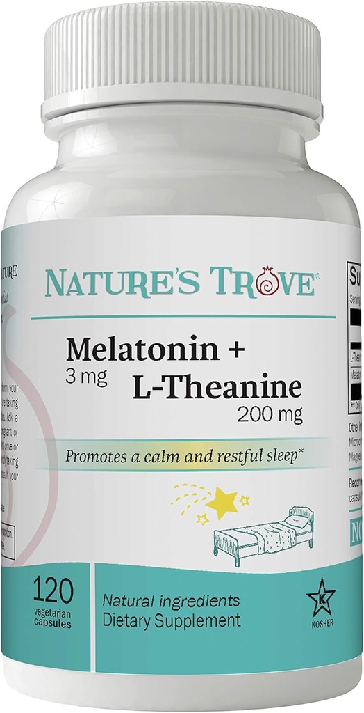 Nature 's Trove Melatonin 3 mg + L Theanine 200mg - rolig og afslapning - 120 Kosher vegetariske kapsler