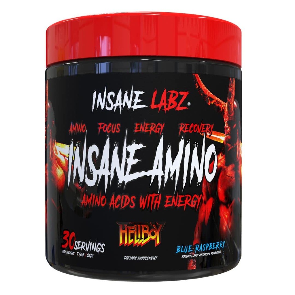 Insane Labz Insane Amino Hellboy Edition, BCAA med Energy Focus Muscle Recovery, Intra Workout Powder, 2 1 Forgrenet Chain Amino Acid Powder, 30 Srvgs, Blå Hindbær