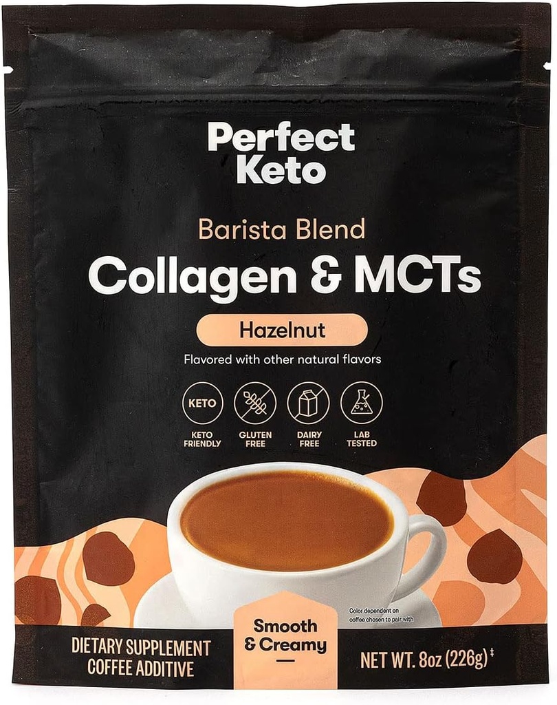 Perfect Keto Barista Blend Collagen Coffee Creamer Powder with MCT Oil, Dairy Free, Low Sugar, Grass Fed Healthy Creamer for Ketogenic Diet, Energy and Healthy Skin, Hair and Nail Support, Hazelnut