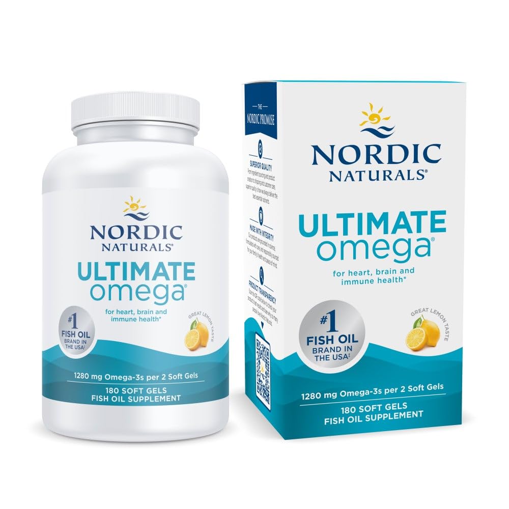Nordic Naturals Ultimate Omega, Lemon Flavor - 180 Soft Gels - 1280 mg Omega-3 - Højpotens Fish Oil med EPA & DHA - fremmer hjerne og hjerte sundhed - non-GMO - 90 Serveringer