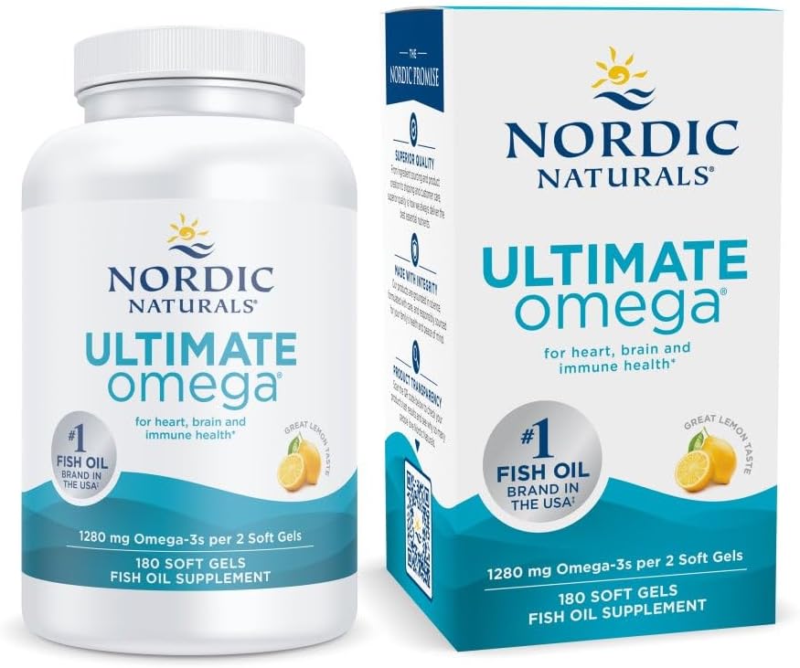 Nordic Naturals Ultimate Omega, Lemon Flavor - 180 Soft Gels - 1280 mg Omega-3 - Højpotens Fish Oil med EPA & DHA - fremmer hjerne og hjerte sundhed - non-GMO - 90 Serveringer
