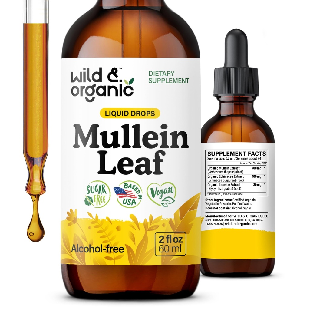 Wild & Organic Mullein Drops til Lungs - Lung Detox og Cleanse - Flydende Mullein Leaf Tinktur med Echinacea & Lakrids Root - Vegan, Sugar & Alcohol- Free Extract Supplement - 2 fl oz