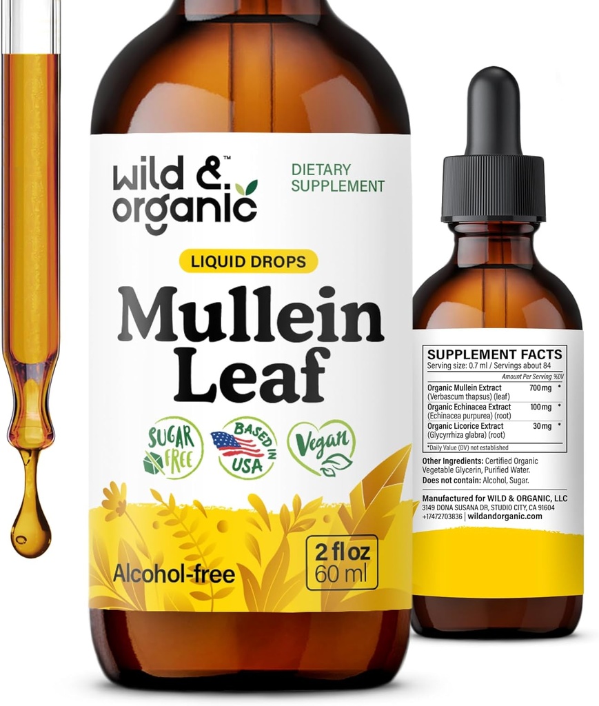 Wild & Organic Mullein Drops til Lungs - Lung Detox og Cleanse - Flydende Mullein Leaf Tinktur med Echinacea & Lakrids Root - Vegan, Sugar & Alcohol- Free Extract Supplement - 2 fl oz