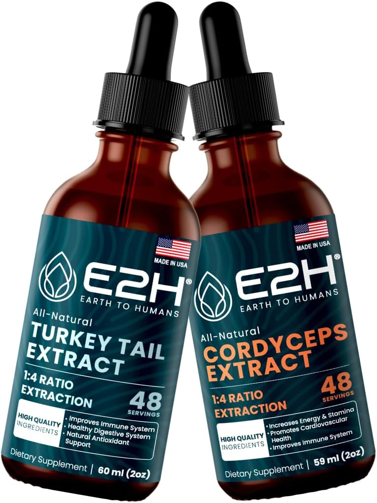 E2H: Tyrkiet Tail & Cordyceps Ekstrakter - immunforsvar, fokus, hukommelse, Clarity - Non-GMO, Vegan - 2 Fl Oz Hver (4 Fl Oz i alt) - Bundle