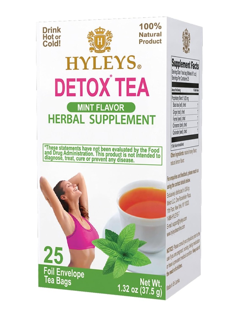 Hyleys Detox Tea for Cleanse - Grøn te med Mint, Ginger & Fennel - Understøtter fordøjelse & Detox - 25 Tea Tasker (1 pakke)