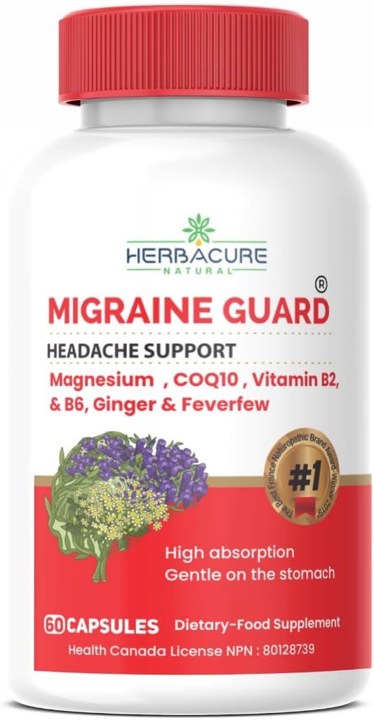 MIGRAINE Guard ® Ny migræne Relief Headache Prevention, Clinically Proven COQ10, VIT B2, VIT B6, Feverfew, Magnesium GLYCINATE, Ingefær, Exceptionel respons under forsøg Made in Canada