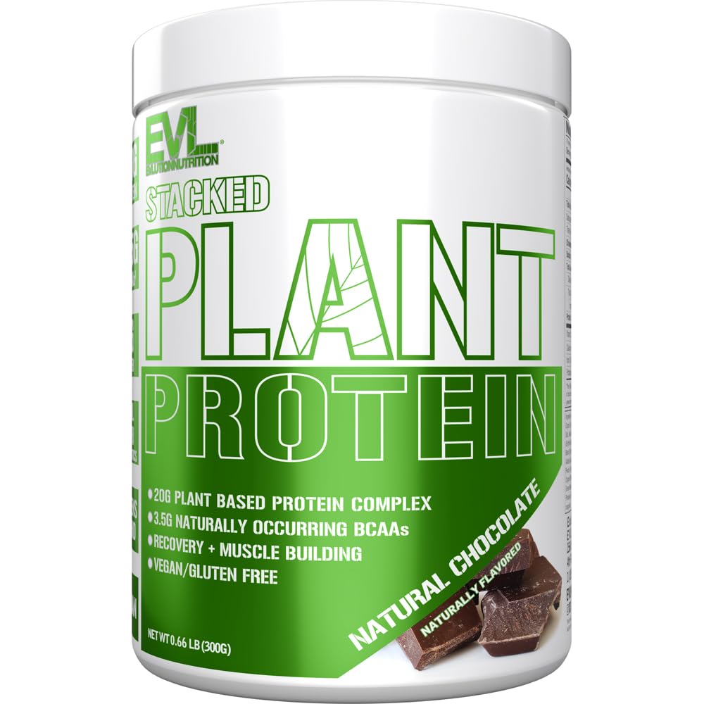Evolution Nutrition Stacked Plant Protein Powder, Vegan, Non- GMO, Gluten- Free, Probiotika, BCAA, Fiber, Plantbaseret Protein Complex, 300G (Natural Chocolate)