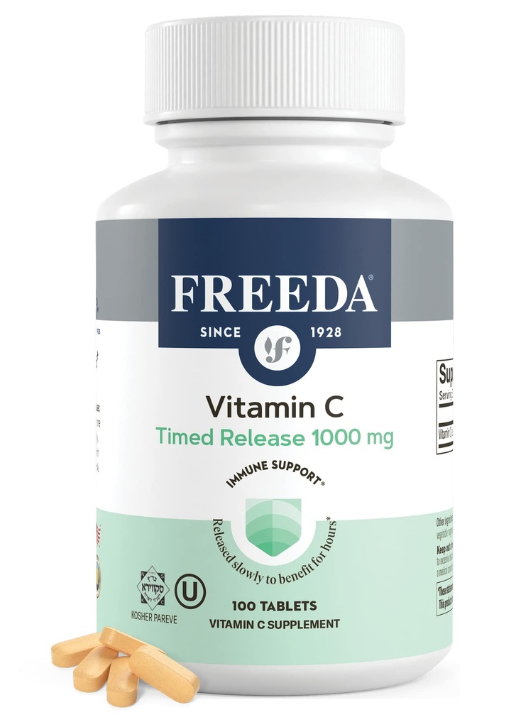 FREEDA Timet Release C 1000mg - Blow-Release for All- Day Immunation & Antioxidant Support, Gentle på Mave, Kosher & Vegan, High- Absorption Tablets (100 tabletter)