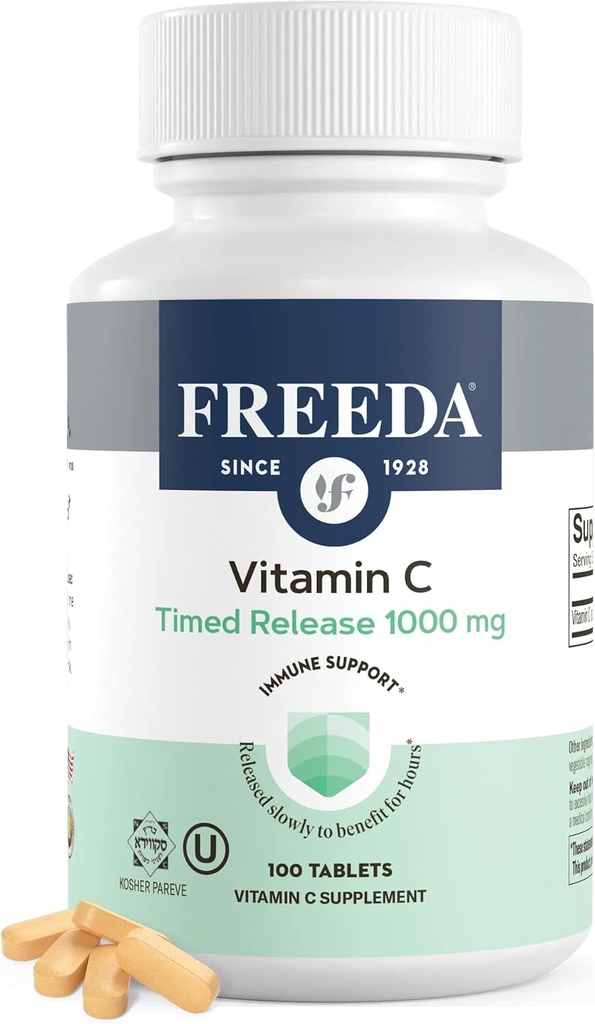 FREEDA Timet Release C 1000mg - Blow-Release for All- Day Immunation & Antioxidant Support, Gentle på Mave, Kosher & Vegan, High- Absorption Tablets (100 tabletter)