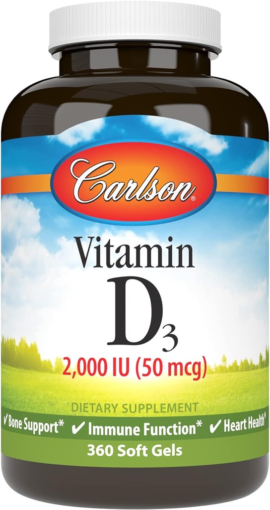 Carlson - D3- vitamin, 2000 IE (50 mcg), Knoglesundhed, muskelsundhed, Cholecalciferol, D-vitamintilskud, D3- vitamin Soft Gels, 360 Softgels