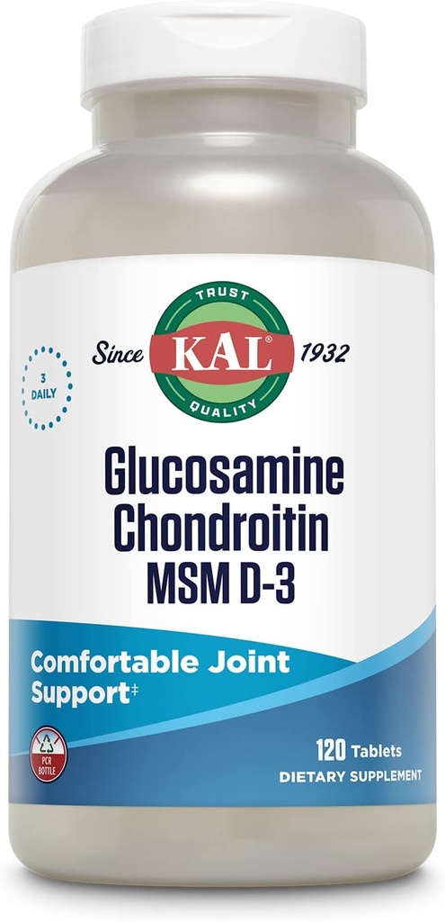 KAL Glucosamin Chondroitin MSM D-3, Joint Support, 1 500 mg Glucosamin Sulfate, 1 200 mg Chondroitin Sulfate, 1. 000 mg MSM, Plus vitamin D3 & C, 40 Servering, 120 tabletter