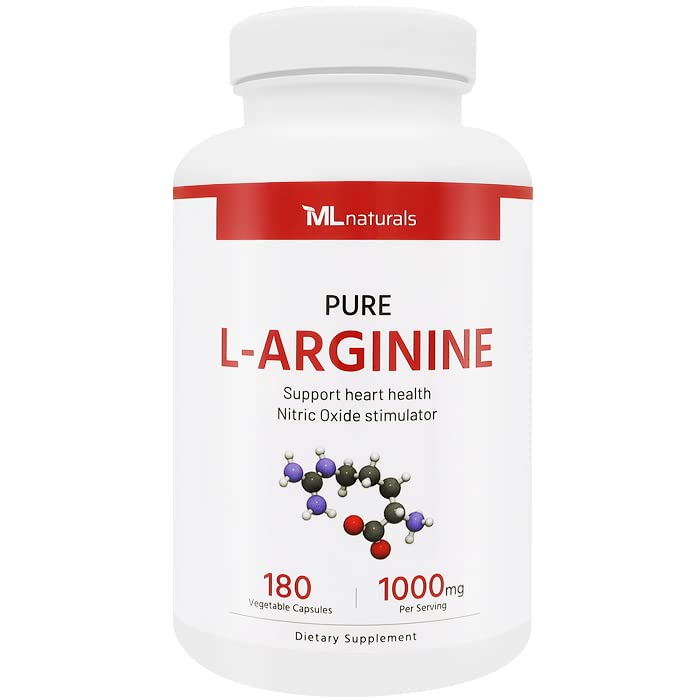 ML Naturals Pure L- Arginin 1000 mg 180 Vegetabilske kapsler. Aminosyre, nitrogenoxid Stimulator, og understøtter hjerte sundhed, NSF- Certificeret & cGMP- Compliant.