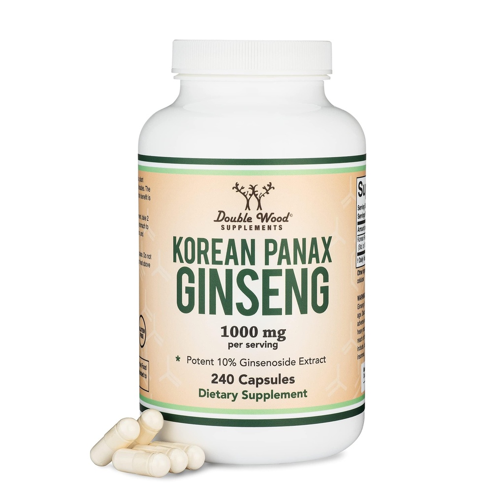 Ginseng Kapsler (Koreansk Rød Ginseng Uddrag, Panax Ginseng 10% Ginsenosider) (4 Måned Tilgang) 240 Vegan Kapsler - 1.000mg pr Servering til Mood, Kognitiv Funktion og energistøtte med Double Wood